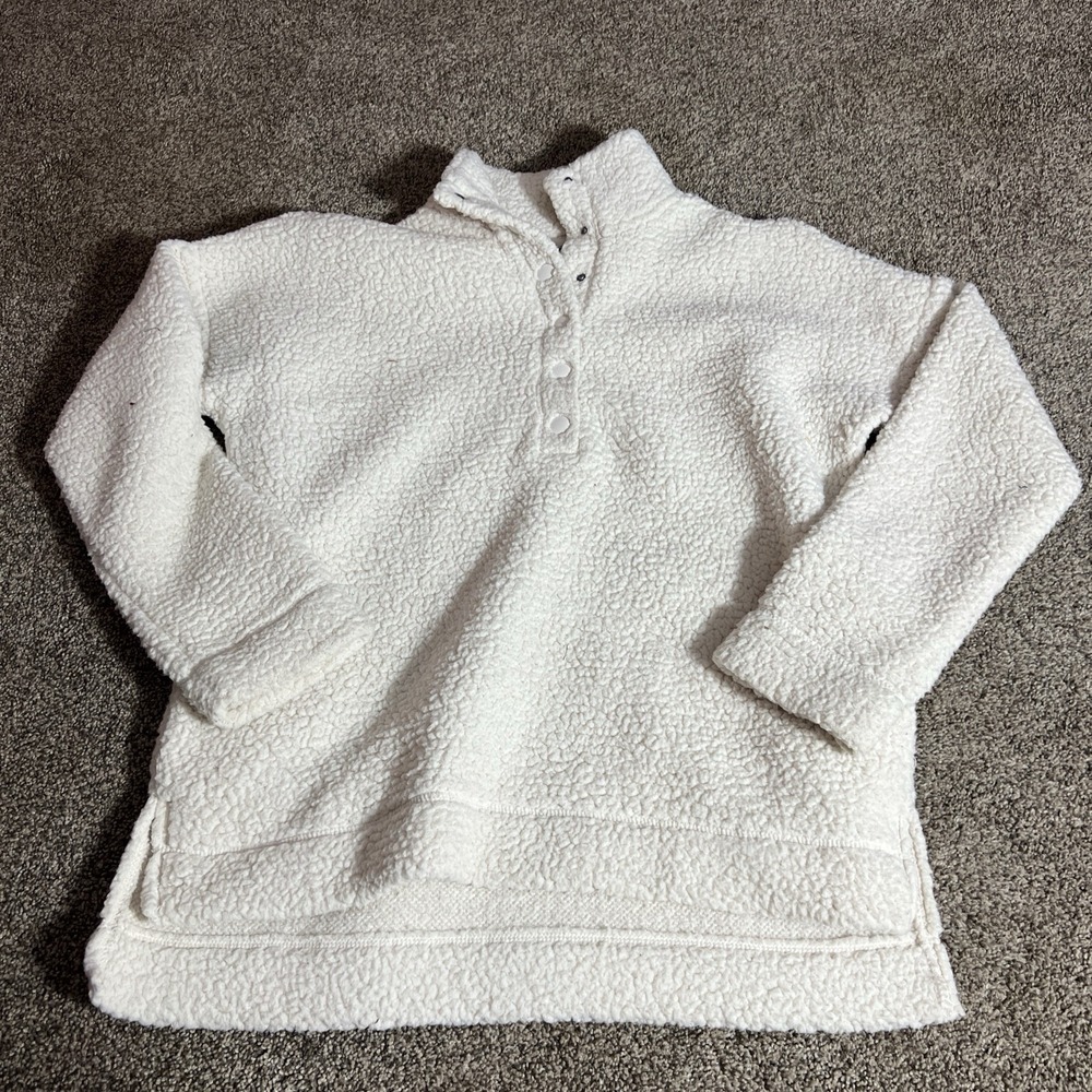 Aerie Sherpa Pullover Women's XXS Ivory Teddy Fleece Snap Mock Neck Cozy Sweater